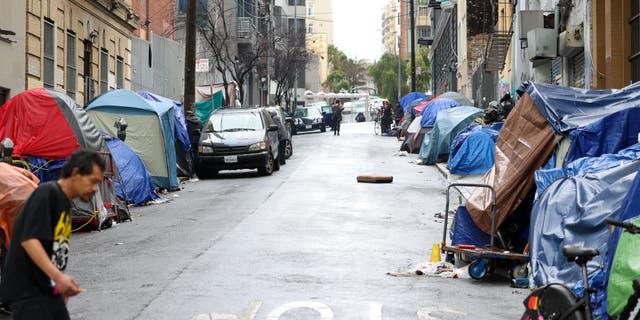 Homeless encampments are seen near San Francisco's City Hall in January 2023.