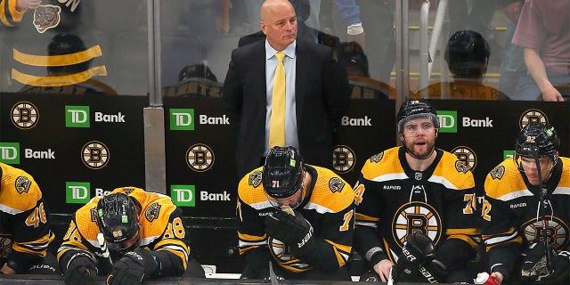 Jim Montgomery coaches the Bruins in the playoffs