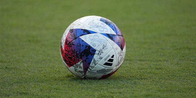 A soccer ball sits on the turf