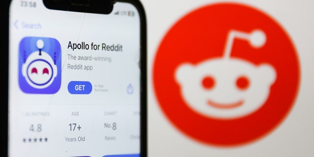 Apollo for Reddit on AppStore displayed on a phone screen and Reddit logo