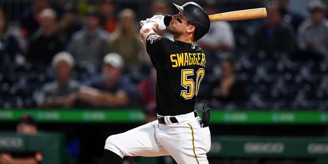 Travis Swaggerty at bat during a Pirates game in 2022