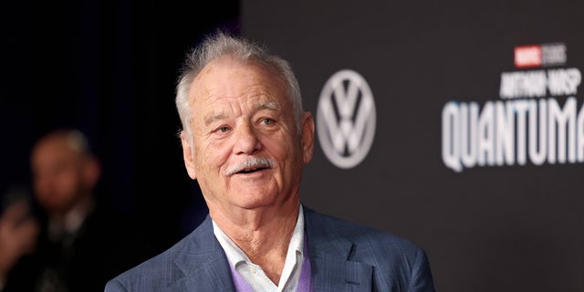 Bill Murray in a suit with a purple sweater