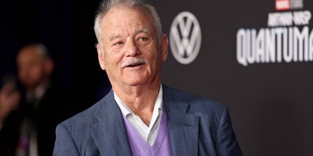 Bill Murray in a suit with a purple sweater