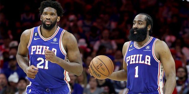 Joel Embiid and James Harden play against the Celtics