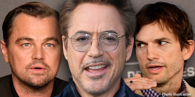 A photo illustration including Leonardo DiCaprio behind the podium, Robert Downey Jr. with transparent/blue-tinted shades, and Ashton Kutcher sitting looking towards his right