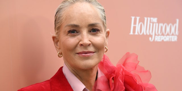 Sharon Stone smiles softly on the red carpet at The Hollywood Reporter's Raising Our Voices DEIA Luncheon, wearing a red suit with a large flower on her shoulder