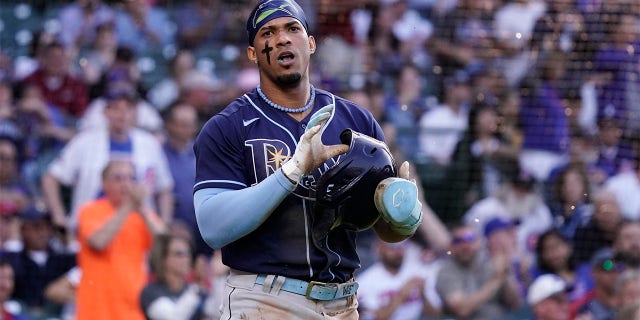 Wander Franco reacts after being called out at home