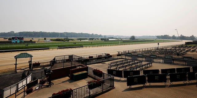 A general view of the race track at Belmont Park