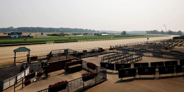 A general view of the race track at Belmont Park