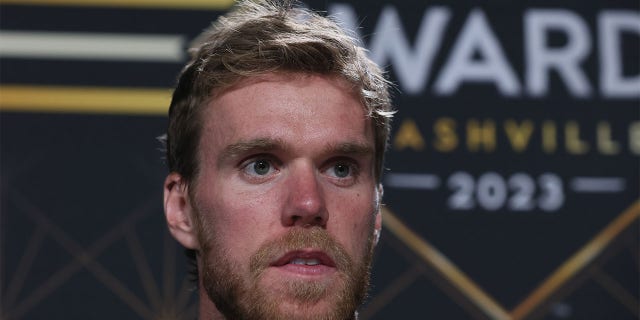 Connor McDavid speaks to the media