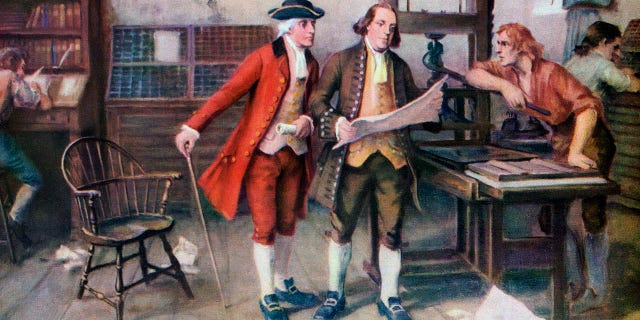 Bejamin frankin and associates at his printing press