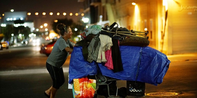 Homeless woman walking with shopping cart