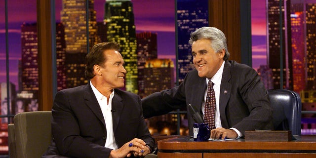 Arnold Schwarzenegger on the set of the tonight show with Jay Leno