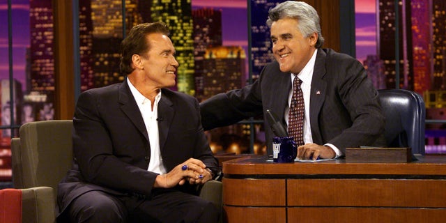Arnold Schwarzenegger on the set of the tonight show with Jay Leno