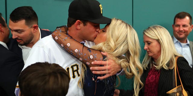 Travis Swaggerty celebrates getting drafted by the Pirates in 2018