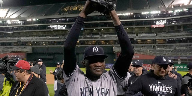 Domingo German celebrates his perfect game