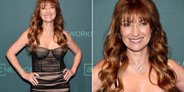 A side-by-side photo of Jane Seymour wearing a sheer dress