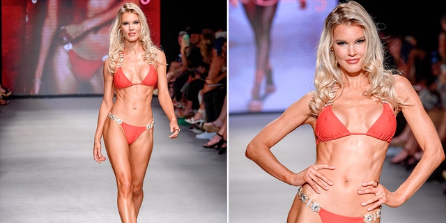 A side-by-side photo of Joy Corrigan modeling a coral bikini