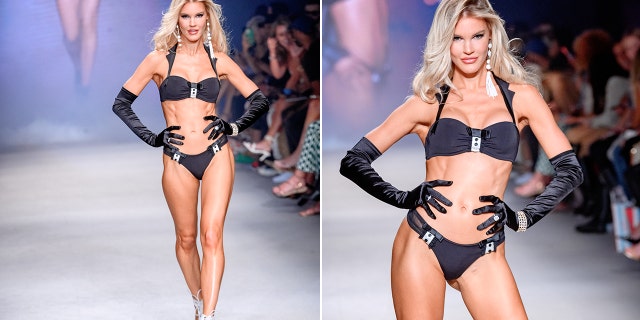A side-by-side photo of Joy Corrigan wearing a black bikini on the runway