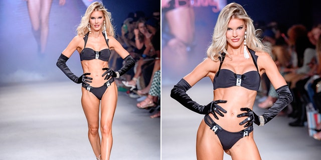 A side-by-side photo of Joy Corrigan wearing a black bikini on the runway