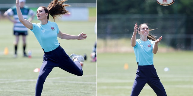 A side-by-side photo of Kate Middleton playing rugby.