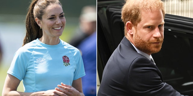 A side-by-side image of Kate Middleton playing rugby and Prince Harry arriving at Londons High Court