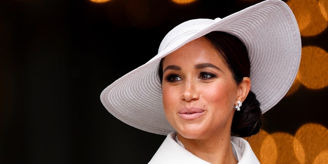 A close-up of Meghan Markle wearing white dior