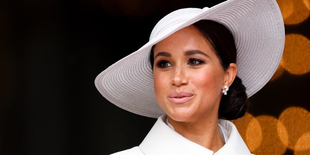 A close-up of Meghan Markle wearing white dior