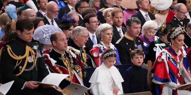 Prince Harry sitting within a crowd during his fathers coronation