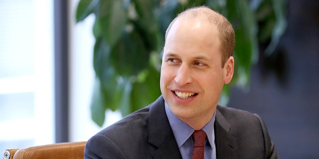A close-up of Prince William in a navy suit with a burgundy tie