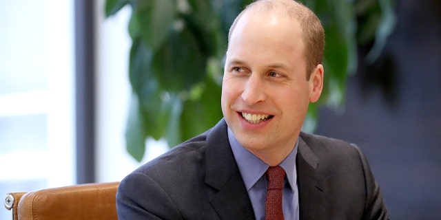 A close-up of Prince William in a navy suit with a burgundy tie