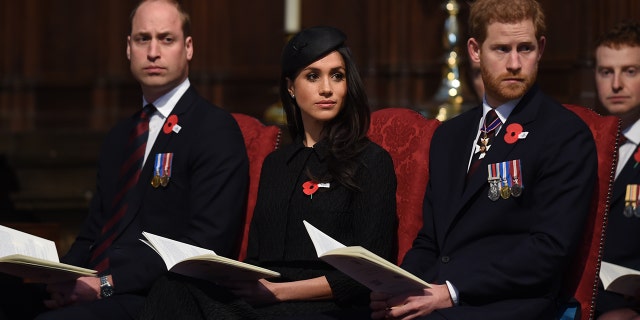 Prince William, Meghan Markle and Prince Harry wearing black while sitting in church