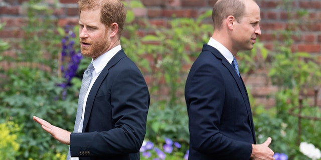 Prince William and Prince Harry standing opposite of each other with their backs turned in matching navy suits