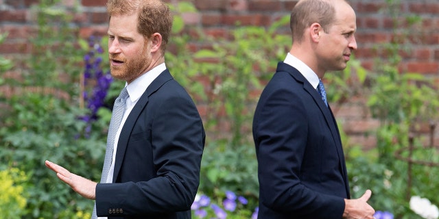 Prince William and Prince Harry standing opposite of each other with their backs turned in matching navy suits