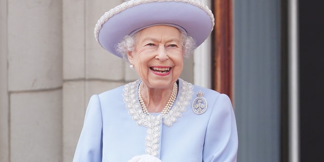 Queen Elizabeth II in a light blue coat dress during Trooping the Colour in 2022