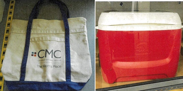 A white and blue maternity tote bag next to a red cooler with a white top.