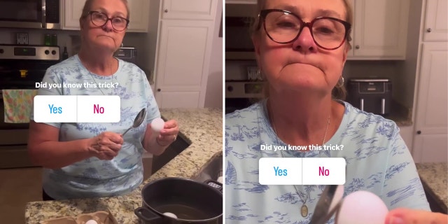 Heather Burns demonstrates egg peel trick.