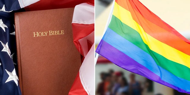 Holy Bible next to Gay Pride flag