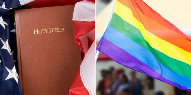 Holy Bible next to Gay Pride flag