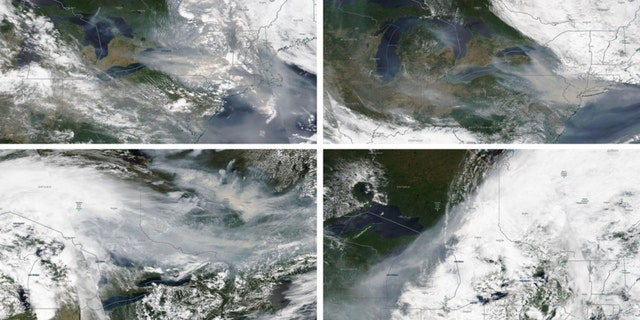Imágenes satelitales del humo de los incendios forestales sobre Quebec, Canadá