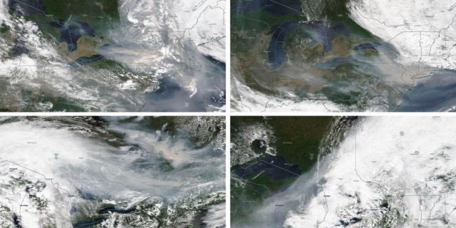 Imágenes satelitales del humo de los incendios forestales sobre Quebec, Canadá