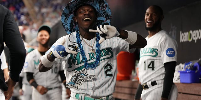 Jazz Chisholm Jr. celebrates with teammates