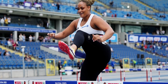 Jolien Boumkwo walks over the hurdle