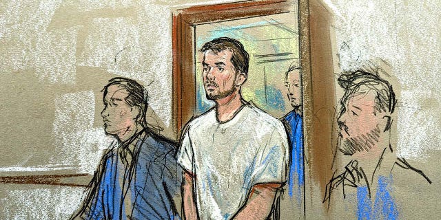 A courtroom sketch of Joran van der Sloot in federal court