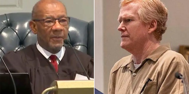A judge sits at his podium as Alex Murdaugh, standing in a tan prison-issue jumpsuit, hears his sentence.