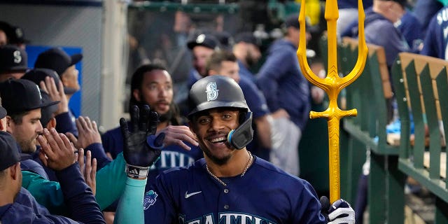 Julio Rodriguez in the dugout