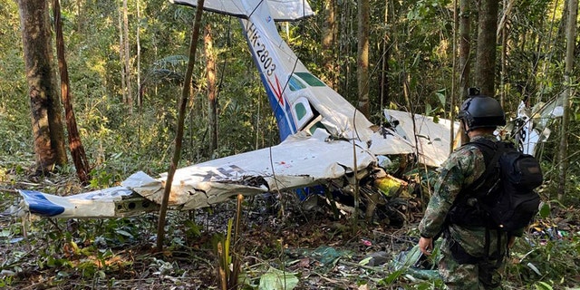 Soldado parado frente a avión estrellado en la jungla