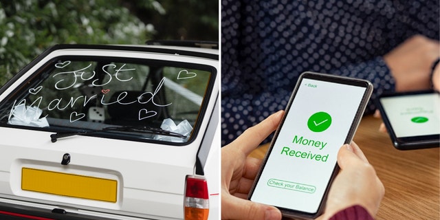 Left: 'Just Married' written on a car window. Right: Couple receive payment on app.