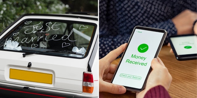 Left: 'Just Married' written on a car window. Right: Couple receive payment on app.