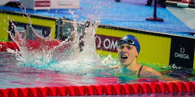 Katie Ledecky celebrates win